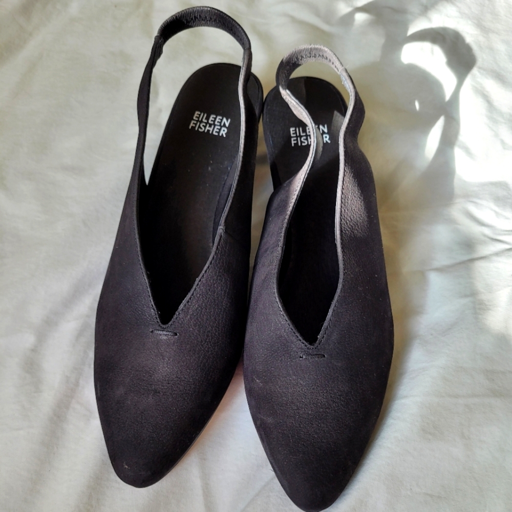 Eileen Fisher Black Leather Slingback Heels